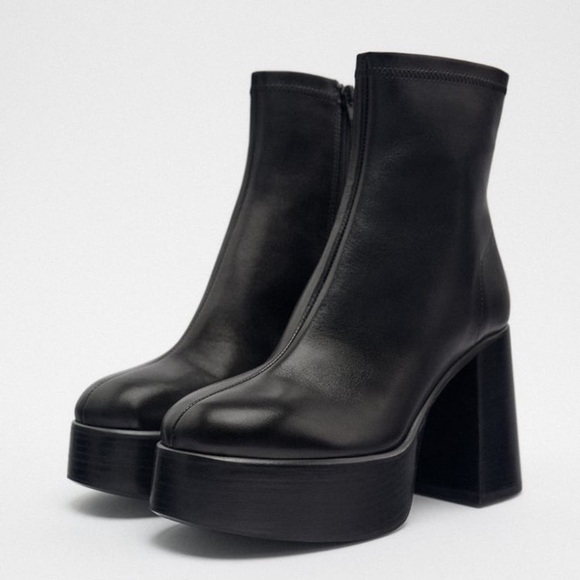 NWOT. Zara Black Leather High Heel Platform Ankle Boots. Size 10/EU 41. - Picture 3 of 8